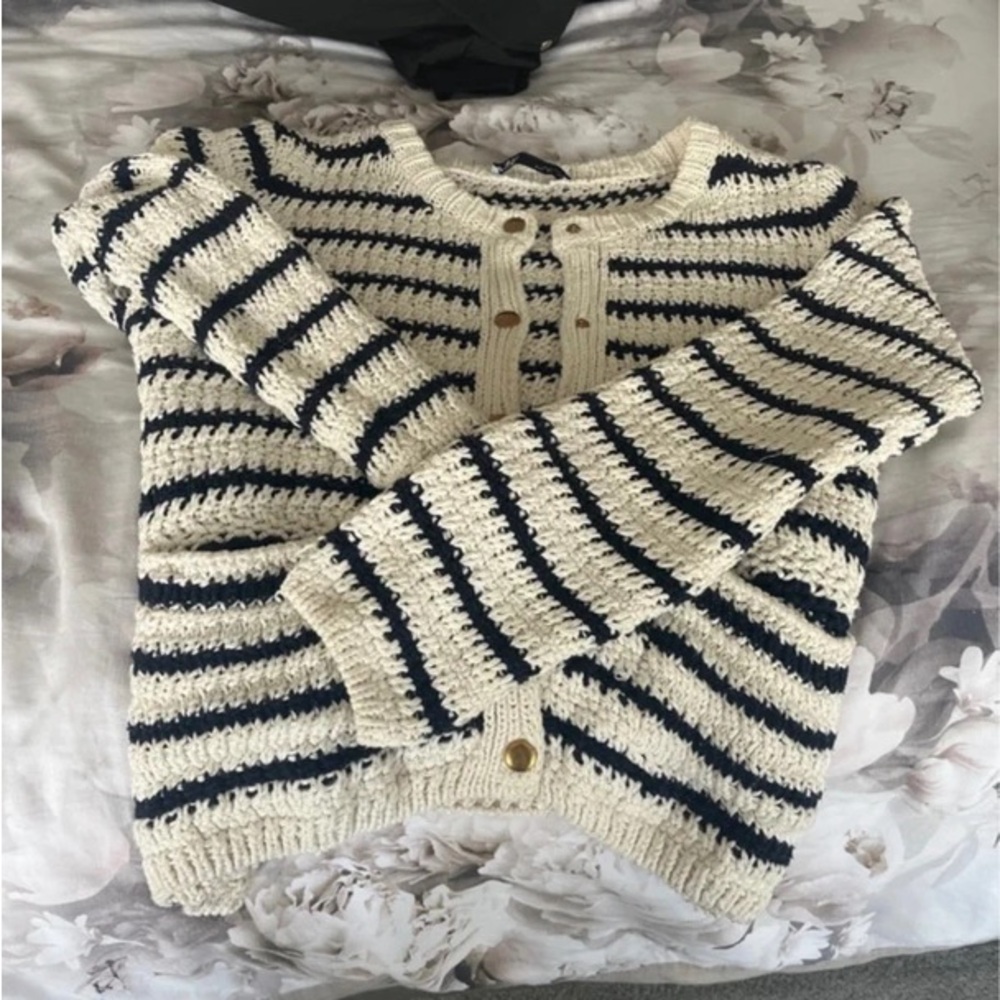 Zara Cream and Black Striped Knit Cardigan